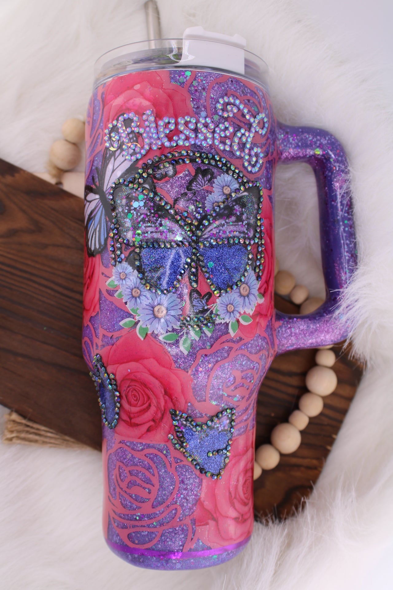 “Blessed” flower and butterfly tumbler