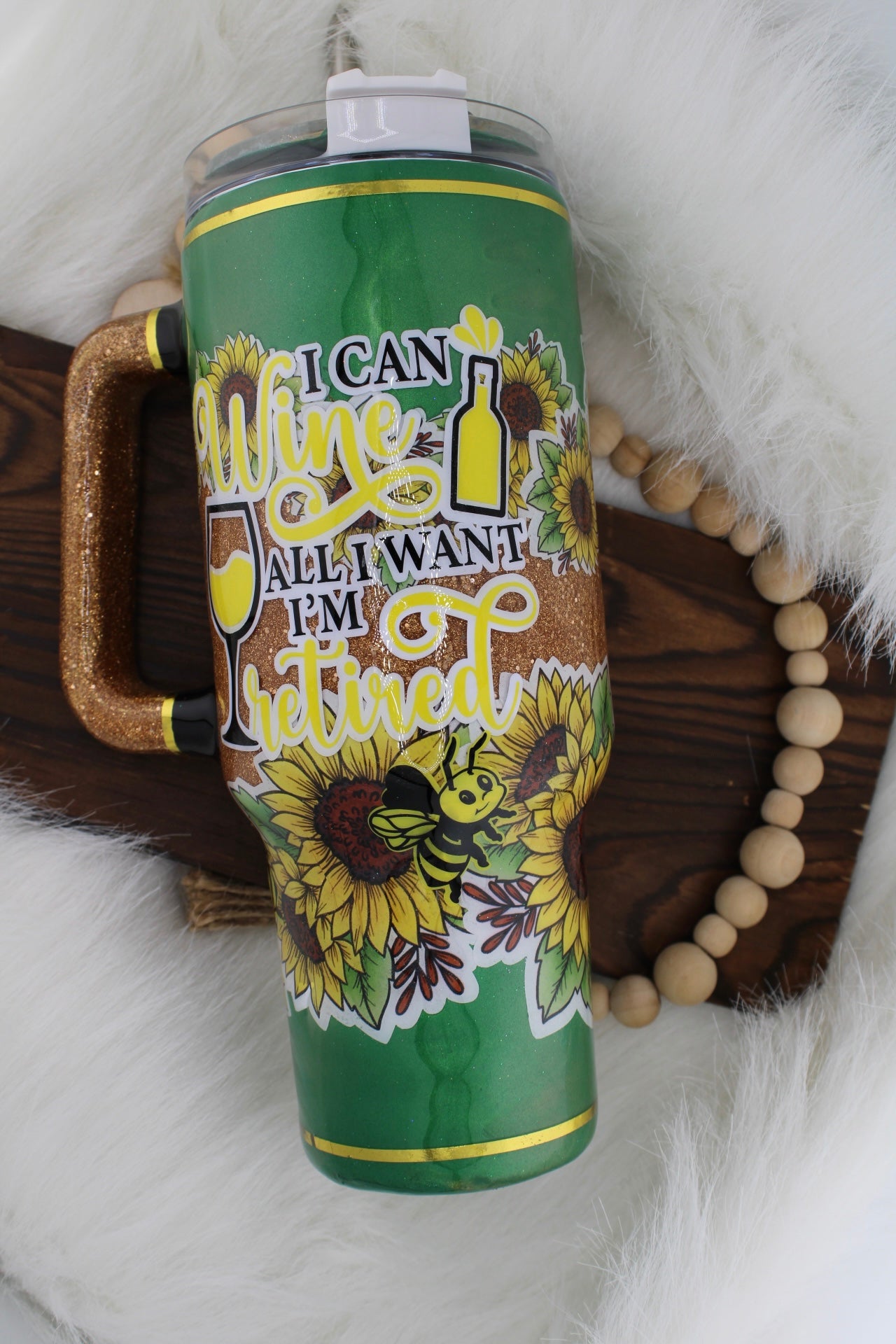 “I can wine all I want, I’m retired” Sunflower themed Tumbler