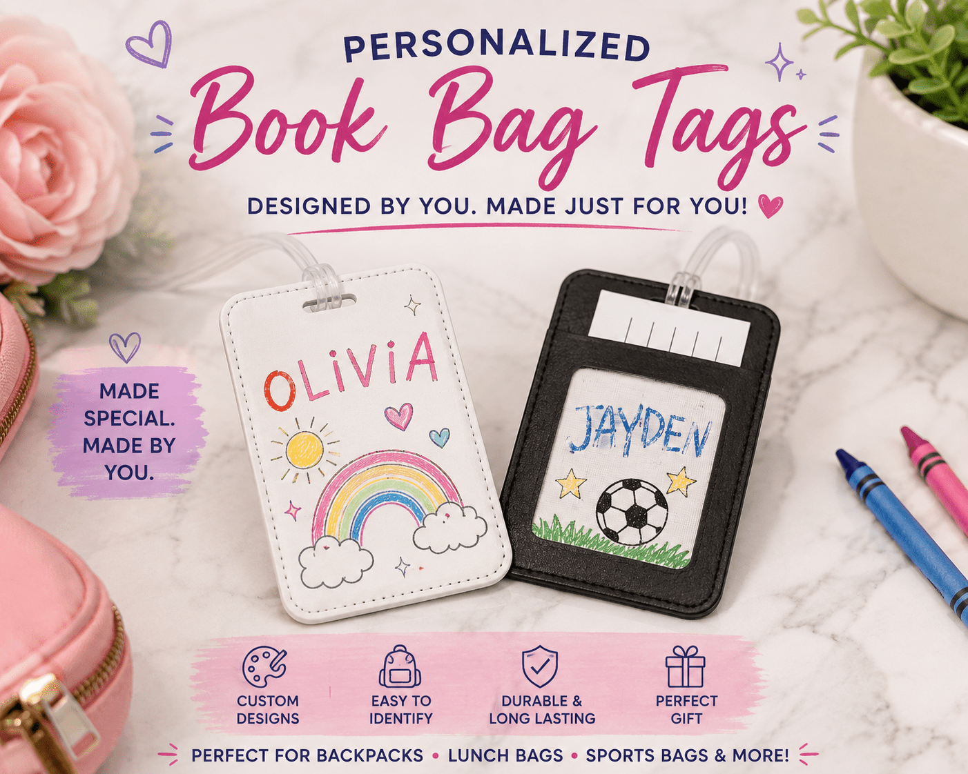 Bookbag tags - Caprice Customz LLC