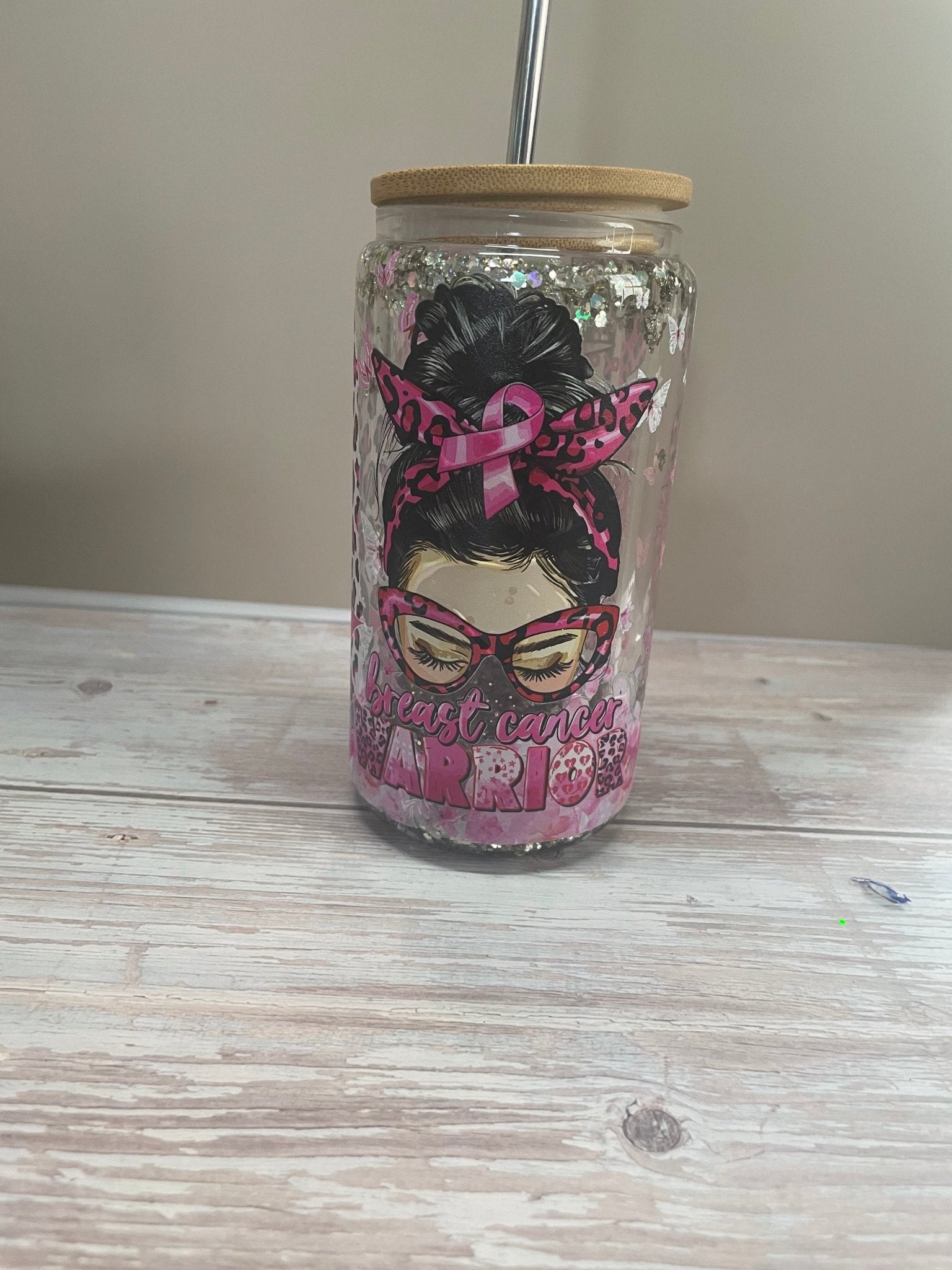 Breast cancer warrior glass Snowglobe Tumbler - Caprice Customz LLC