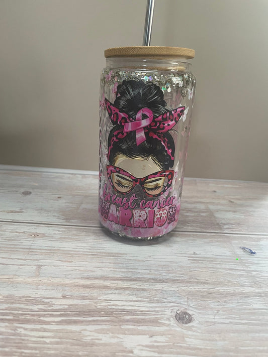 Breast cancer warrior glass Snowglobe Tumbler - Caprice Customz LLC