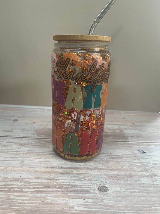 Thankful mama glass Snowglobe Tumbler - Caprice Customz LLC